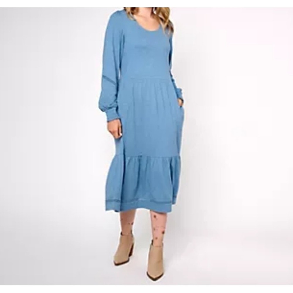 Canyon‎ Retreat Peasant Blue Cotton Long Puff Sleeve Tiered Cotton Dress Boho 1X